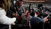 Vanderbilt quarterback Diego Pavia (2) celebrates with family and friends after defeating Tennessee at Neyland Stadium in Knoxville, Tenn., Saturday, Nov. 29, 2025.