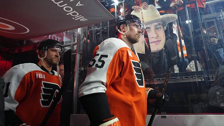 Apr 29, 2026; Philadelphia, Pennsylvania, USA; Philadelphia Flyers defenseman Rasmus Ristolainen (55) enters the ice before the game against the Pittsburgh Penguins in game six of the first round of the 2026 Stanley Cup Playoffs at Xfinity Mobile Arena. Mandatory Credit: Kyle Ross-Imagn Images
