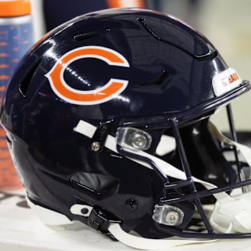 Nov 3, 2024; Glendale, Arizona, USA; Detailed view of a Chicago Bears helmet at State Farm Stadium. Mandatory Credit: Mark J. Rebilas-Imagn Images