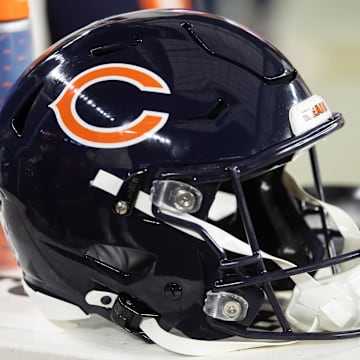Nov 3, 2024; Glendale, Arizona, USA; Detailed view of a Chicago Bears helmet at State Farm Stadium. Mandatory Credit: Mark J. Rebilas-Imagn Images