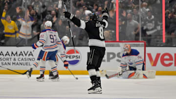 Los Angeles Kings defenseman Drew Doughty (8) celebrates after a goal scored against the Edmonton Oilers.