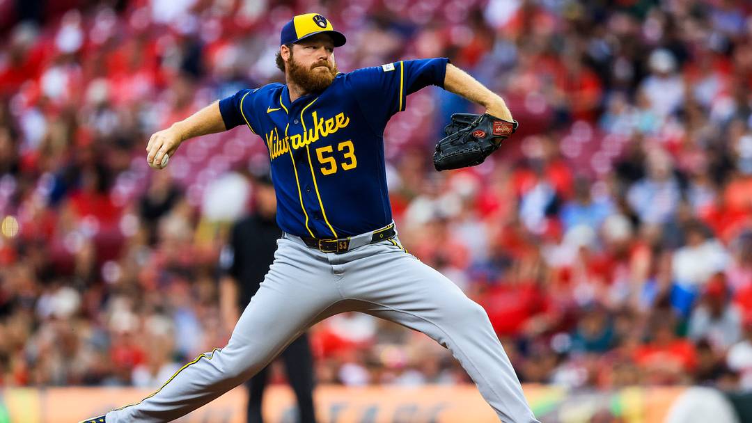 Jun 22, 2026; Cincinnati, Ohio, USA; Milwaukee Brewers starting pitcher Brandon Woodruff (53) pitches against the Cincinnati Reds in the first inning at Great American Ball Park. Mandatory Credit: Katie Stratman-Imagn Images