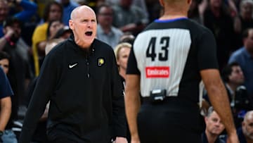 Oct 30, 2024; Indianapolis, Indiana, USA; Indiana Pacers Head Coach Rick Carlisle reacts to a call during overtime against the Boston Celtics at Gainbridge Fieldhouse. Mandatory Credit: Marc Lebryk-Imagn Images