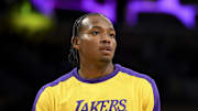 Oct 25, 2024; Los Angeles, California, USA; Los Angeles Lakers guard Quincy Olivari (41) before the game against the Phoenix Suns at Crypto.com Arena. Mandatory Credit: Jonathan Hui-Imagn Images