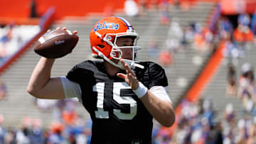 Apr 12, 2025; Gainesville, FL, USA; Florida Gators quarterback Harrison Bailey (15) throws the ball before the game at Ben Hill Griffin Stadium. Mandatory Credit: Matt Pendleton-Imagn Images