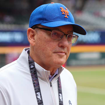 Sep 30, 2024; Atlanta, Georgia, USA; New York Mets owner Steve Cohen on the field before a game against the Atlanta Braves at Truist Park. Mandatory Credit: Brett Davis-Imagn Images
