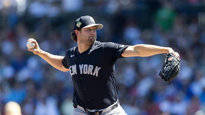 Mar 24, 2026; Mesa, Arizona, USA; New York Yankees pitcher Gerrit Cole against the Chicago Cubs during spring training at Sloan Park. Mandatory Credit: Mark J. Rebilas-Imagn Images