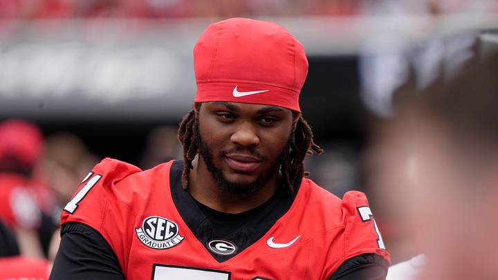 Georgia offensive lineman Earnest Greene III (71) on the sideline during the first half of a NCAA college football game against Kentucky in Athens, Ga., on Saturday, October 4, 2025.