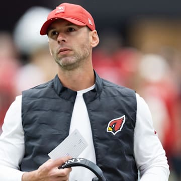 Oct 19, 2025; Glendale, Arizona, USA; Arizona Cardinals head coach Jonathan Gannon reacts against the Green Bay Packers at State Farm Stadium. Mandatory Credit: Mark J. Rebilas-Imagn Images