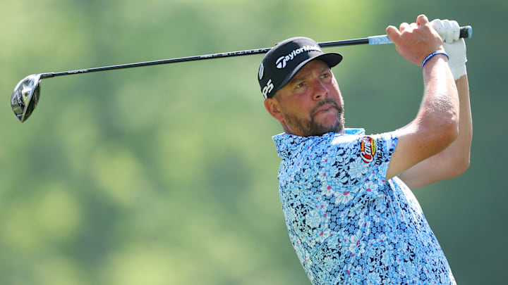 Michael Block tees off during the opening round of the 2024 PGA Championship
