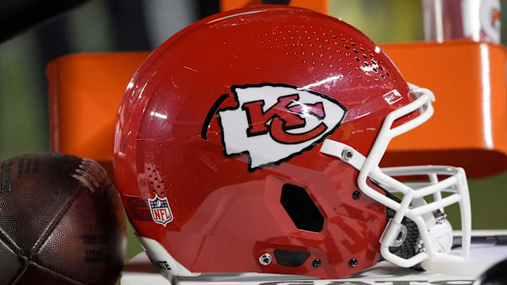 Nov 6, 2022; Kansas City, Missouri, USA; A general view of a Kansas City Chiefs helmet against the Tennessee Titans during the second half of the game at GEHA Field at Arrowhead Stadium. Mandatory Credit: Denny Medley-Imagn Images