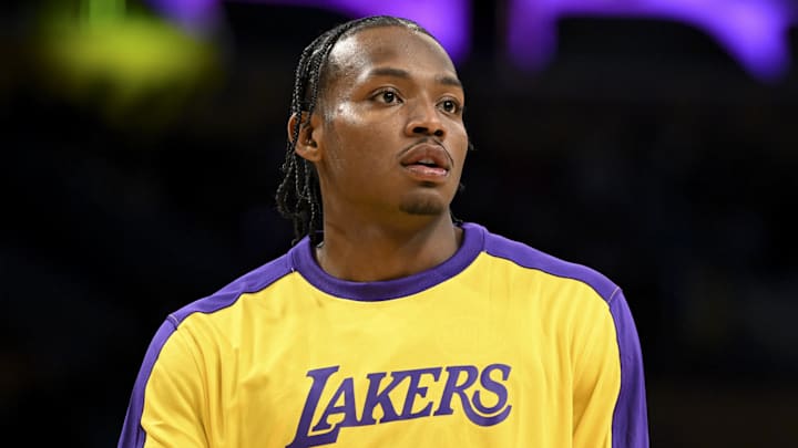 Oct 25, 2024; Los Angeles, California, USA; Los Angeles Lakers guard Quincy Olivari (41) before the game against the Phoenix Suns at Crypto.com Arena. Mandatory Credit: Jonathan Hui-Imagn Images