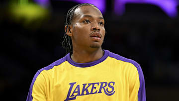 Oct 25, 2024; Los Angeles, California, USA; Los Angeles Lakers guard Quincy Olivari (41) before the game against the Phoenix Suns at Crypto.com Arena.
