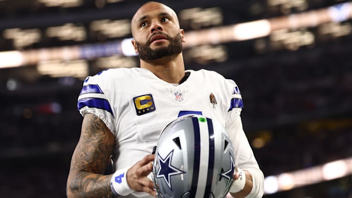 Dec 14, 2025; Arlington, Texas, USA; Dallas Cowboys quarterback Dak Prescott (4) before a game against the Minnesota Vikings at AT&T Stadium.
