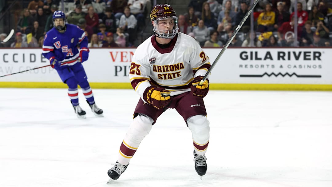Bennett Schimek skates in the United States NTDP v Arizona State game at Mullett Arena