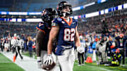 Dec 6, 2025; Charlotte, NC, USA; Virginia Cavaliers wide receiver Eli Wood (82) celebrates a touchdown in the second half against the Duke Blue Devils during the 2025 ACC Championship game at Bank of America Stadium. Mandatory Credit: Jim Dedmon-Imagn Images