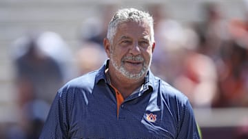 Sep 27, 2025; College Station, Texas, USA; Auburn Tigers former mens basketball head coach Bruce Pearl walks on the field before the game against the Texas A&M Aggies at Kyle Field. Mandatory Credit: Troy Taormina-Imagn Images