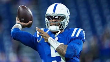 Indianapolis Colts quarterback Anthony Richardson (5) throws the ball during pregame warm-up Sunday, Nov. 10, 2024, ahead of a game against the Buffalo Bills at Lucas Oil Stadium in Indianapolis.