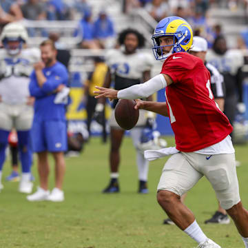 Los Angeles Rams quarterback Jimmy Garoppolo (11) participates in drills during training camp at Loyola Marymount University. 