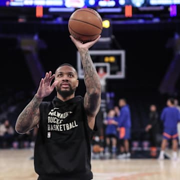 Dec 23, 2023; New York, New York, USA; Milwaukee Bucks guard Damian Lillard (0) warms up prior to the game against the New York Knicks at Madison Square Garden. Mandatory Credit: Wendell Cruz-Imagn Images