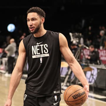 Dec 23, 2022; Brooklyn, New York, USA;  Brooklyn Nets guard Ben Simmons (10) warms up prior to the game against the Milwaukee Bucks at Barclays Center. Mandatory Credit: Wendell Cruz-Imagn Images