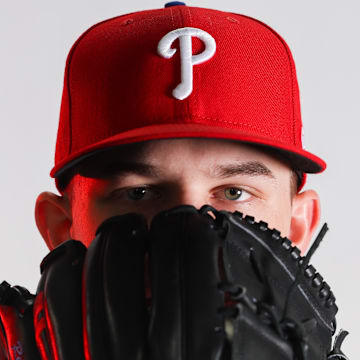 Feb 23, 2023; Clearwater, FL, USA; Philadelphia Phillies pitcher Mick Abel (74) during photo day at BayCare Ballpark. 
