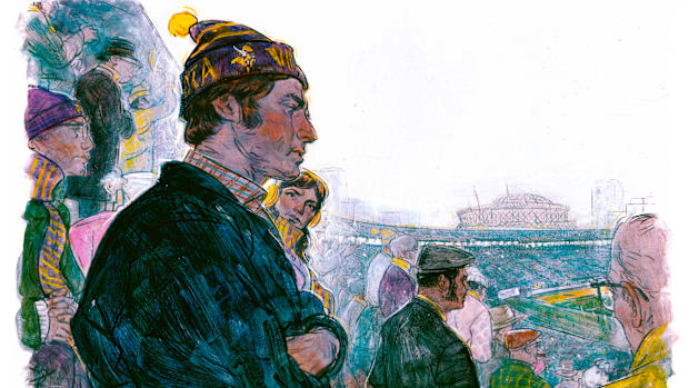 Illustration of a fan in a Vikings hat at Super Bowl IX in 1975.
