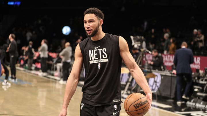 Dec 23, 2022; Brooklyn, New York, USA;  Brooklyn Nets guard Ben Simmons (10) warms up prior to the game against the Milwaukee Bucks at Barclays Center. Mandatory Credit: Wendell Cruz-Imagn Images