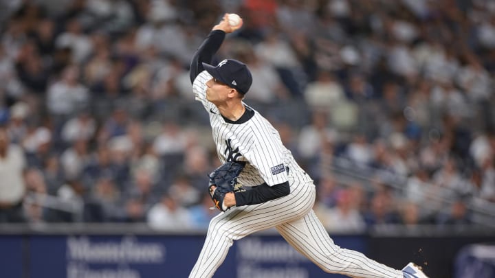 New York Yankees relief pitcher Luke Weaver (30) delivers a pitch during the eighth inning against the Baltimore Orioles at Yankee Stadium on June 18.