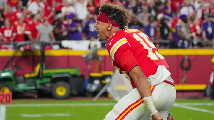 Sep 5, 2024; Kansas City, Missouri, USA; Kansas City Chiefs quarterback Patrick Mahomes (15) celebrates on field after the win over the Baltimore Ravens at GEHA Field at Arrowhead Stadium. Mandatory Credit: Denny Medley-Imagn Images