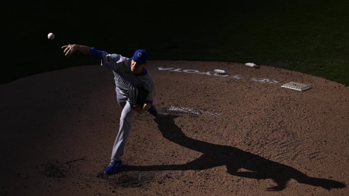 Apr 10, 2024; San Diego, California, USA; Chicago Cubs starting pitcher Kyle Hendricks (28) throws a pitch against the San Diego Padres during the fourth inning at Petco Park. Mandatory Credit: Orlando Ramirez-USA TODAY Sports