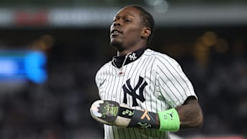 Oct 2, 2025; Bronx, New York, USA; New York Yankees second baseman Jazz Chisholm Jr. (13) runs of the field between innings during game three of the Wildcard round for the 2025 MLB playoffs against the Boston Red Sox at Yankee Stadium. Mandatory Credit: Vincent Carchietta-Imagn Images