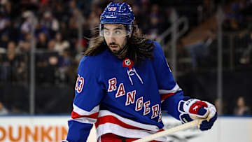 Dec 8, 2024; New York, New York, USA; New York Rangers center Mika Zibanejad (93) skates against the Seattle Kraken during the first period at Madison Square Garden. Mandatory Credit: Danny Wild-Imagn Images
