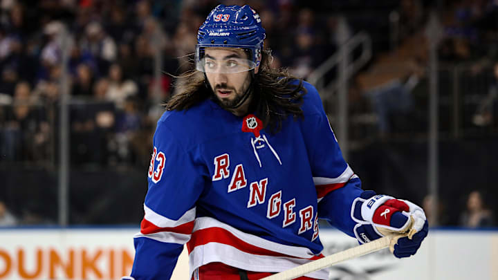 Dec 8, 2024; New York, New York, USA; New York Rangers center Mika Zibanejad (93) skates against the Seattle Kraken during the first period at Madison Square Garden. Mandatory Credit: Danny Wild-Imagn Images
