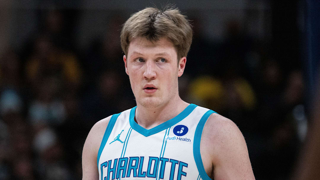 Feb 26, 2026; Indianapolis, Indiana, USA;  Charlotte Hornets guard Kon Knueppel (7)  in the first half against the Indiana Pacers at Gainbridge Fieldhouse. Mandatory Credit: Trevor Ruszkowski-Imagn Images