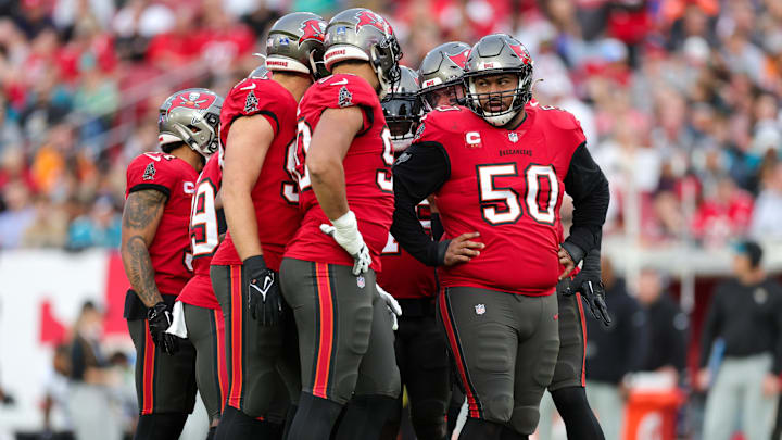 Dec 24, 2023; Tampa, Florida, USA;  Tampa Bay Buccaneers defensive tackle Vita Vea (50) lines up against the Jacksonville Jaguars in the second quarter at Raymond James Stadium. Mandatory Credit: Nathan Ray Seebeck-Imagn Images