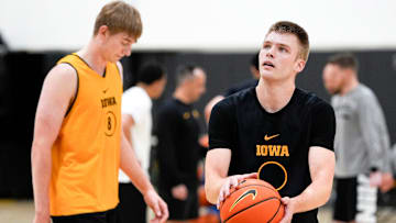 Iowa’s Bennett Stirtz (14) looks to shoot a free throw during practice June 19, 2025 at Carver-Hawkeye Arena in Iowa City, Iowa.
