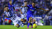 Ángel Sepúlveda de Cruz Azul esquiva la marca del argentino Sergio Barreto de Pachuca