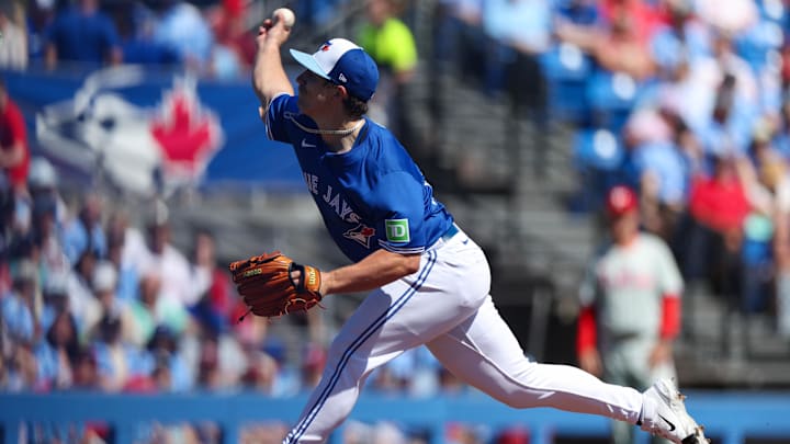 Feb 24, 2024; Dunedin, Florida, USA;  Toronto Blue Jays Chad Dallas throws a pitch against the Philadelphia Phillies in the first inning at TD Ballpark. Mandatory Credit: Nathan Ray Seebeck-Imagn Images