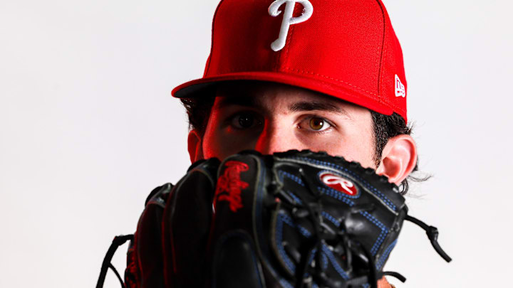 Feb 23, 2023; Clearwater, FL, USA; Philadelphia Phillies pitcher Andrew Painter (76) during photo day at BayCare Ballpark. Mandatory Credit: Nathan Ray Seebeck-Imagn Images