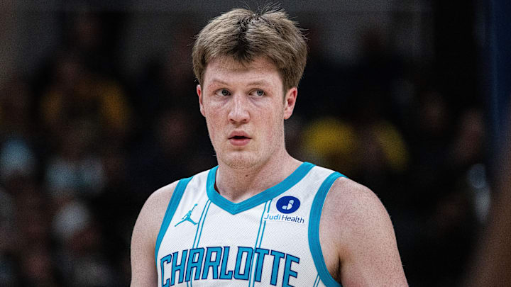 Feb 26, 2026; Indianapolis, Indiana, USA;  Charlotte Hornets guard Kon Knueppel (7)  in the first half against the Indiana Pacers at Gainbridge Fieldhouse. Mandatory Credit: Trevor Ruszkowski-Imagn Images