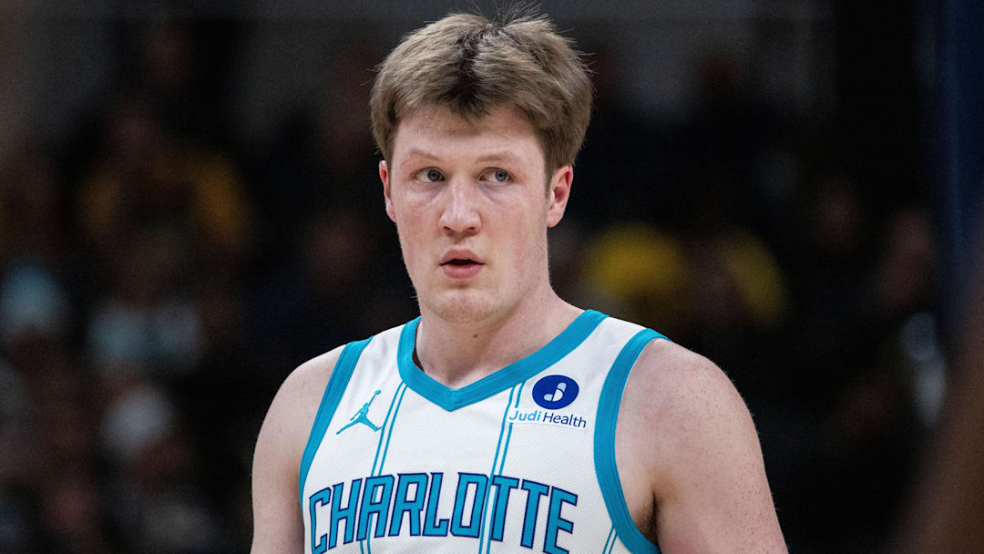 Feb 26, 2026; Indianapolis, Indiana, USA;  Charlotte Hornets guard Kon Knueppel (7)  in the first half against the Indiana Pacers at Gainbridge Fieldhouse. Mandatory Credit: Trevor Ruszkowski-Imagn Images