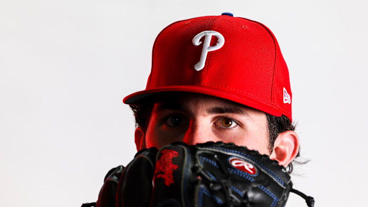 Feb 23, 2023; Clearwater, FL, USA; Philadelphia Phillies pitcher Andrew Painter (76) during photo day at BayCare Ballpark.