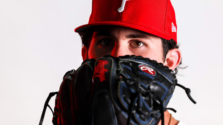 Feb 23, 2023; Clearwater, FL, USA; Philadelphia Phillies pitcher Andrew Painter (76) during photo day at BayCare Ballpark. Mandatory Credit: Nathan Ray Seebeck-Imagn Images
