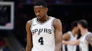 Feb 10, 2025; Washington, District of Columbia, USA; San Antonio Spurs guard De'Aaron Fox (4) looks on during the third quarter against the Washington Wizards at Capital One Arena. Mandatory Credit: Reggie Hildred-Imagn Images