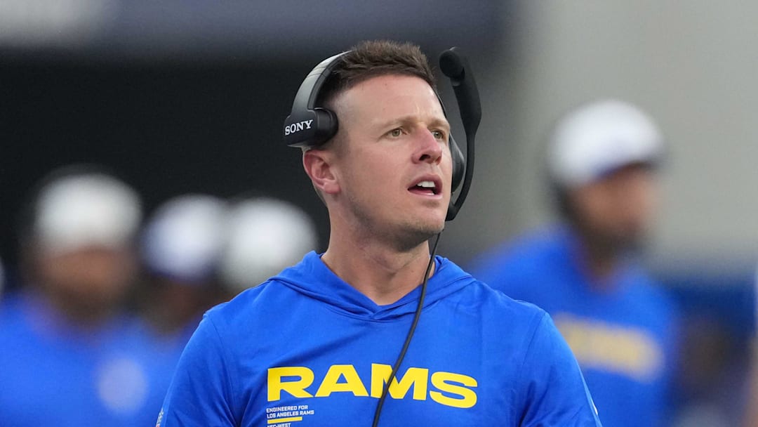 Aug 16, 2025; Inglewood, California, USA; Los Angeles Rams offensive coordinator Mike LaFleur reacts against the Los Angeles Chargers in the second half at SoFi Stadium. Mandatory Credit: Kirby Lee-Imagn Images
