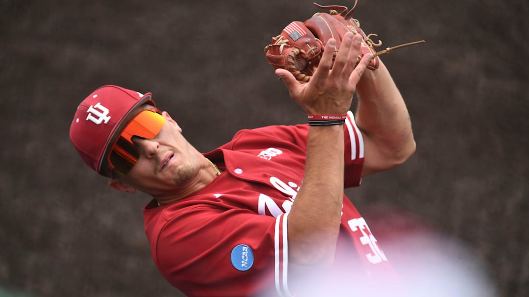 Indiana's Josh Pyne (32) catches a foul ball in the NCAA Baseball Tournament against Southern Miss in the Knoxville Regional at Lindsey Nelson Stadium on Friday, May 31, 2024 in Knoxville, Tenn.
