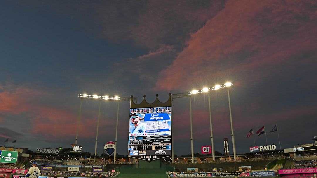 Jun 25, 2024; Kansas City, Missouri, USA;  A general view of Kauffman Stadium in the seventh inning of a game between the Kansas City Royals and Miami Marlins. Mandatory Credit: Peter Aiken-Imagn Images