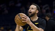 Dec 30, 2024; San Francisco, California, USA; Golden State Warriors guard Stephen Curry (30) warms up before the game against the Cleveland Cavaliers at Chase Center. Mandatory Credit: John Hefti-Imagn Images