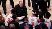 New York Knicks coach Tom Thibodeau talks to Karl-Anthony Towns, Josh Hart and OG Anunoby during the 2025 NBA Playoffs